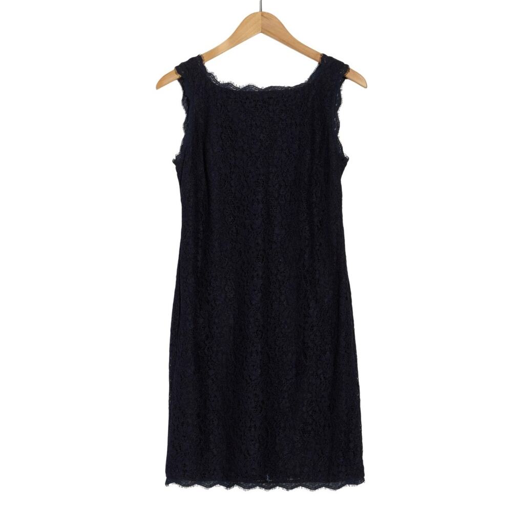 Adrianna Papell Boatneck Lace Sheath Dress Women's 8 Navy Scalloped Cocktail